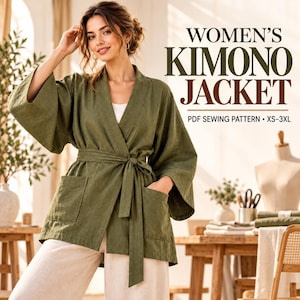 May include: An olive green kimono jacket with wide sleeves, a tie waist, and two front pockets. The text reads: WOMEN'S KIMONO JACKET PDF SEWING PATTERN XS-3XL. The jacket is worn over light-coloured trousers, featuring a wrap-style front closure.