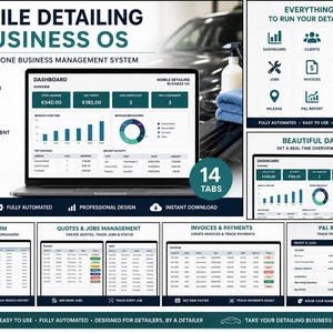 Puede incluir: Un sistema digital de gestión empresarial para detallado móvil, mostrado en una pantalla de portátil. La interfaz incluye un panel con gráficos de ingresos, CRM de clientes y vehículos, seguimiento de presupuestos, trabajos y facturación.