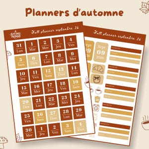 Peut inclure: Deux pages de planning imprimables avec un code couleur marron et beige. Une page présente une grille de calendrier mensuel pour septembre 26 avec des jours numérotés et des abréviations françaises. L'autre page inclut des listes de tâches.