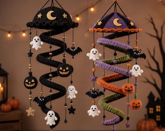 Halloween-Häkelmuster, spiralförmiges Mobile, Kürbisdeko mit Geisterfledermausmotiv, digitale Häkelanleitung (PDF)