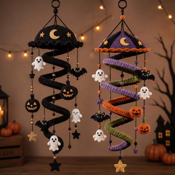 Halloween Crochet Pattern, Spiral Hanging Mobile, Ghost Bat Pumpkin Decor, Digital Crochet PDF