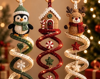Weihnachtliches Häkelornament-Set: Pinguin, Rentier & Lebkuchenhaus-Hängedekoration