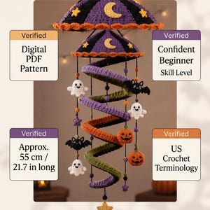 May include: A digital crochet pattern titled HOLLOW & HALLOW featuring a spiral mobile with crocheted ghosts, bats, pumpkins, stars, and moons. The infographic displays text including Digital PDF Pattern, Confident Beginner, 55 cm long, and US Crochet Terminology.