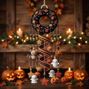May include: A hanging mobile featuring a black crocheted wreath adorned with orange leaves and stars. Below, black strings hold crocheted figures including a bat, ghosts, pumpkins, and stars, interspersed with gold beads and a central orange ribbon.