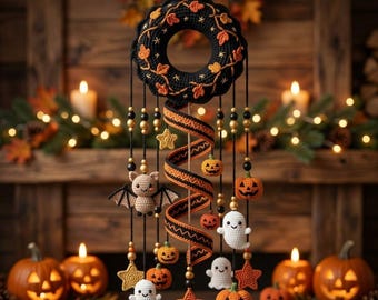Halloween-Häkelkranz-Girlandenmuster, Amigurumi-Geist, Kürbis, Fledermaus, Stern (PDF-Download)