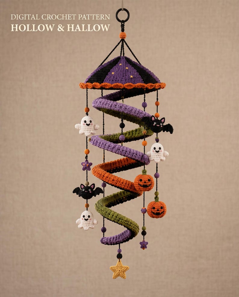 May include: A hanging crochet mobile featuring a spiral structure in purple, orange, and green. It includes small crocheted figures of white ghosts, black bats, and orange jack-o'-lanterns, with a yellow star at the bottom. Text reads: DIGITAL CROCHET PATTERN HOLLOW & HALLOW.