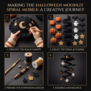 May include: A four-step instructional guide titled MAKING THE HALLOWEEN MOONLIT SPIRAL MOBILE: A CREATIVE JOURNEY. It shows crocheting a black canopy with moon and stars, creating orange pumpkins, ghosts, bats, and stars, preparing beads and thread, and the final assembled mobile.