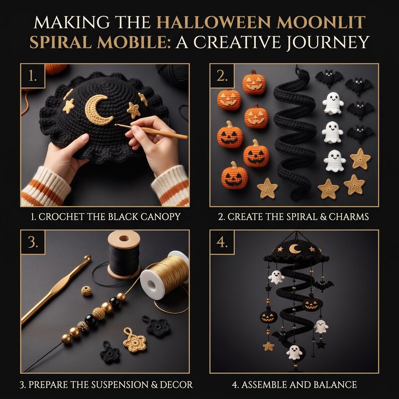 May include: A four-step instructional guide titled MAKING THE HALLOWEEN MOONLIT SPIRAL MOBILE: A CREATIVE JOURNEY. It shows crocheting a black canopy with moon and stars, creating orange pumpkins, ghosts, bats, and stars, preparing beads and thread, and the final assembled mobile.
