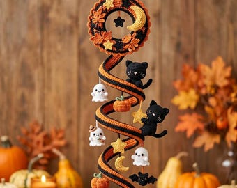 Halloween-Spiral-Mobile Häkelanleitung, Kürbisdeko mit schwarzer Katze und Geist (PDF-Download)