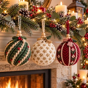 May include: Three spherical ornaments featuring intricate knit textures. The left is dark green with cream diagonal cables and red accents. The center is cream with gold star patterns. The right is deep red with vertical cream cables and floral motifs.
