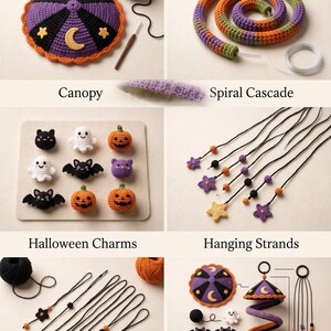 May include: The Hollow & Hallow Crochet Journey infographic displays crochet components including a purple and black canopy, a spiral cascade, small Halloween charms like ghosts and pumpkins, and hanging strands with stars, assembled into a mobile.