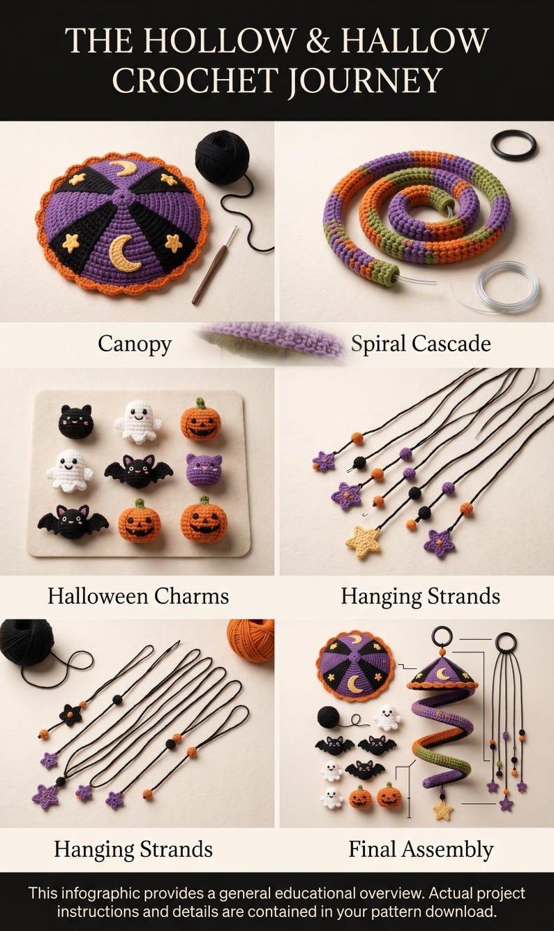 May include: The Hollow & Hallow Crochet Journey infographic displays crochet components including a purple and black canopy, a spiral cascade, small Halloween charms like ghosts and pumpkins, and hanging strands with stars, assembled into a mobile.