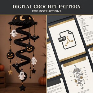 May include: A digital crochet pattern PDF instructions featuring a black spiral mobile with hanging white ghosts, black bats, orange jack-o'-lanterns, and gold stars. The document includes a PDF icon and a diagram showing the assembly of the mobile.