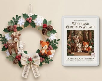 Weihnachtskranz-Häkelanleitung mit Waldmotiv, Reh, Hase und Fuchs als Amigurumi-Weihnachtsdekoration