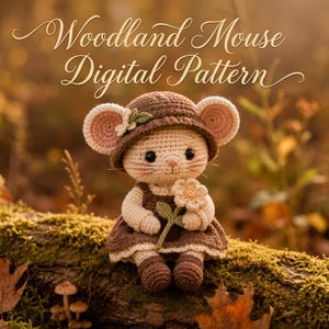 Op de afbeelding: Een gehaakte muispop met een bruine hoed met een klein groen blaadje en een bruine jurk, die een klein wit bloemetje vasthoudt. De tekst Woodland Mouse Digital Pattern staat in een cursief lettertype boven de muis afgebeeld.