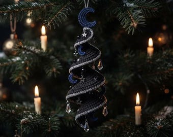 Crochet Christmas Tree Ornament Pattern, Midnight Crescent Spiral Celestial Decor PDF