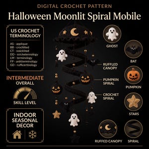 May include: A digital crochet pattern for a Halloween Moonlit Spiral Mobile. The design features a black ruffled canopy with a crescent moon and stars, a central black crochet spiral, and hanging ornaments including ghosts, bats, pumpkins, and stars.