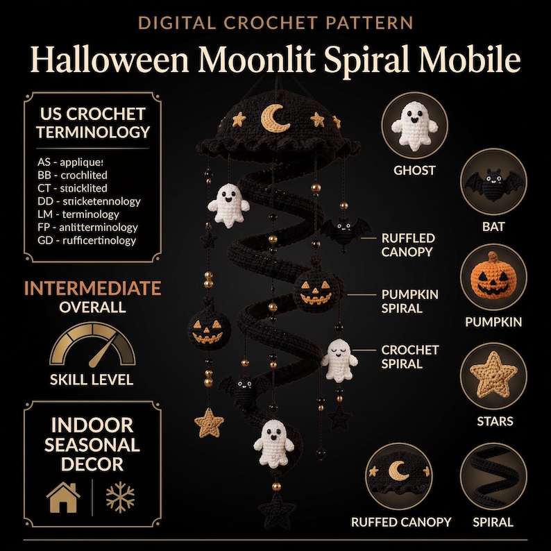 May include: A digital crochet pattern for a Halloween Moonlit Spiral Mobile. The design features a black ruffled canopy with a crescent moon and stars, a central black crochet spiral, and hanging ornaments including ghosts, bats, pumpkins, and stars.