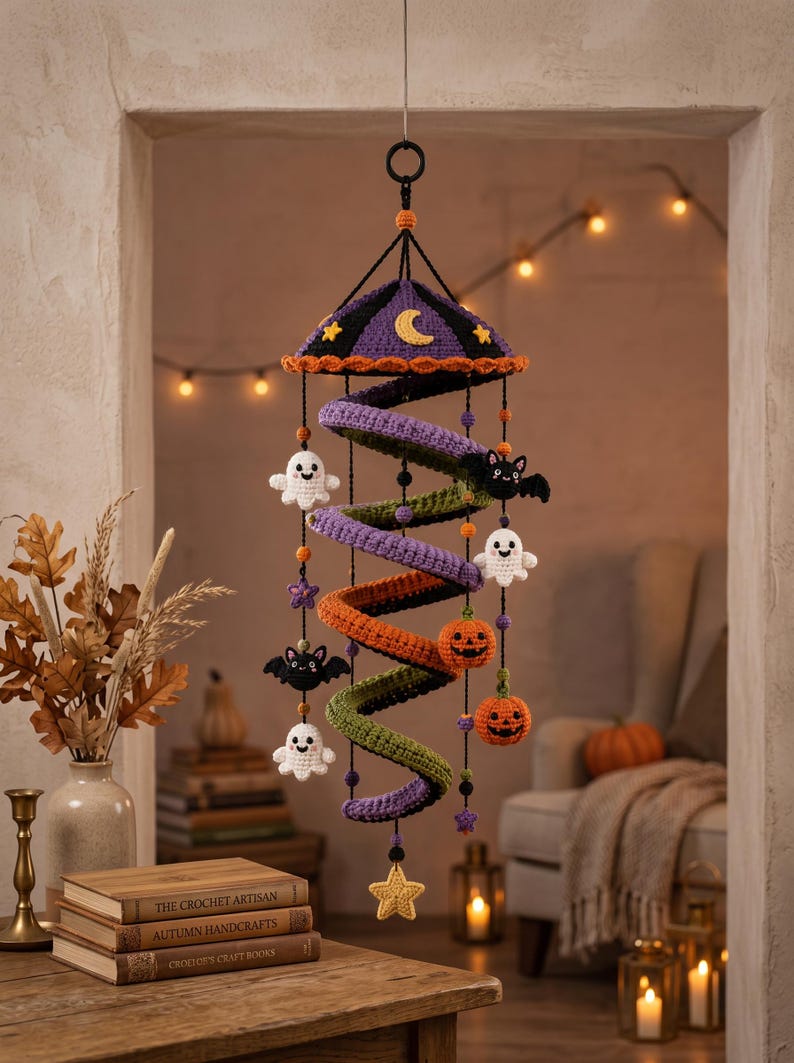 May include: A hanging spiral crochet mobile featuring a purple, orange, and green coiled structure. It is decorated with small crocheted figures including white ghosts, black bats, and orange jack-o'-lanterns, accented with purple and yellow stars.