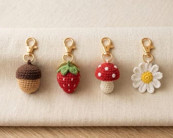 Häkelschlüsselanhänger-Musterpaket, Eichel-Erdbeer-Pilz-Gänseblümchen-Amigurumi-Muster (PDF-Anleitung)