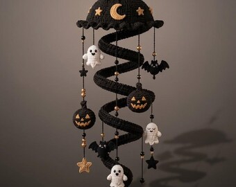 Halloween-Häkelmuster, Mondlicht-Spiral-Mobile (PDF), Geisterfledermaus-Kürbis-Dekoration