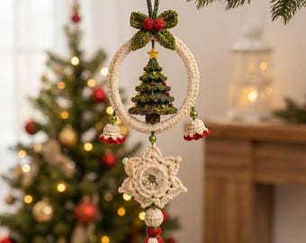 Häkelanleitung für Weihnachtsschmuck, PDF-Anleitung für einen Weihnachtsbaum-Stickrahmen, Schneeflocken-Glocken-Dekoration für den Weihnachtsbaum