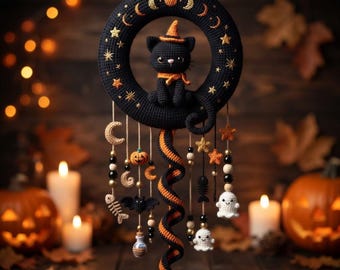 Häkelanleitung für eine Hexenkatze, himmlischer Halloween-Kranz als Wandbehang (PDF), für fortgeschrittene Anfänger