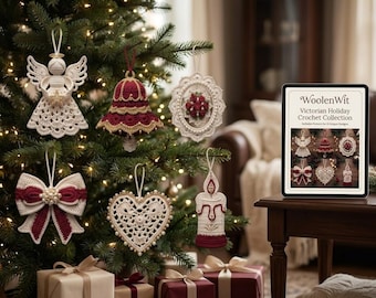 Häkelanleitung für viktorianische Weihnachtsornamente, 6-in-1 Engel, Glocke, Herz, Schleife, Kerze, Rose (PDF)