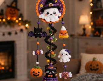 Boo & Brew Halloween Crochet Mobile Pattern, Ghost Bat Pumpkin Cauldron Amigurumi (PDF)