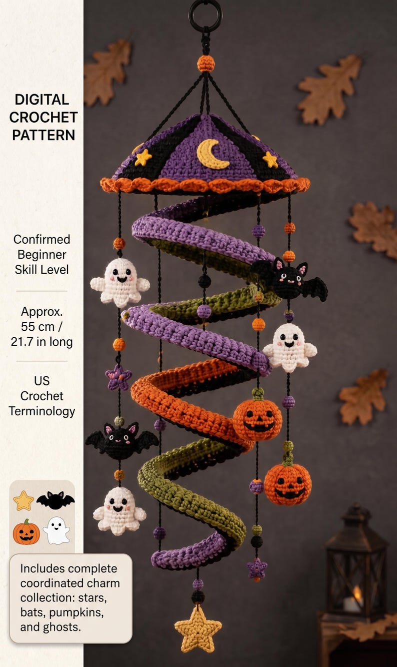 May include: A spiral Halloween-themed crochet mobile featuring a purple top with a yellow crescent moon and stars. The structure hangs with dangling crocheted figures including white ghosts, orange jack-o'-lanterns, black bats, and purple stars, measuring 55 cm long.