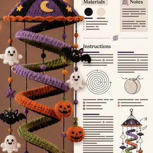 May include: A digital crochet pattern titled HOLLOW & HALLOW featuring a spiral mobile with crocheted ghosts, bats, pumpkins, and stars in purple, orange, green, and black. The document includes sections for materials, notes, and instructions.