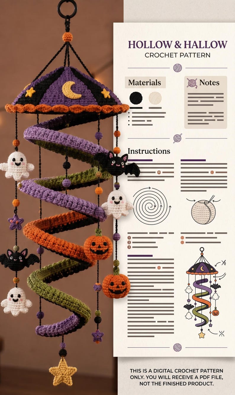 May include: A digital crochet pattern titled HOLLOW & HALLOW featuring a spiral mobile with crocheted ghosts, bats, pumpkins, and stars in purple, orange, green, and black. The document includes sections for materials, notes, and instructions.