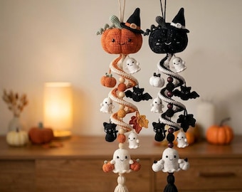 Häkelanleitung für ein gruseliges Spiralmobile, Halloween-Kürbis-Geister-Dekoration (Digitaler Download)