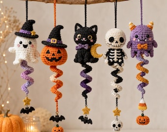 Halloween-Häkelanleitung: 5 hängende Amigurumi-Ornamente, Geist, Kürbis, Katze, Skelett, Monster (PDF)