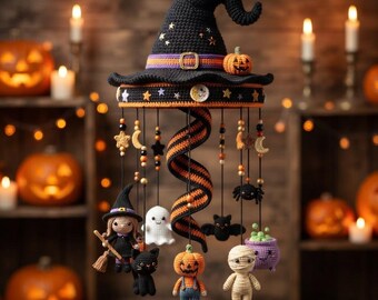 Halloween-Mobile-Häkelanleitung, Mitternachtshexe-Amigurumi-Hängedekoration (PDF)