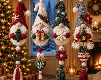 Christmas Gnome Crochet Pattern PDF, 4 Hanging Ornament Designs, Advanced Beginner