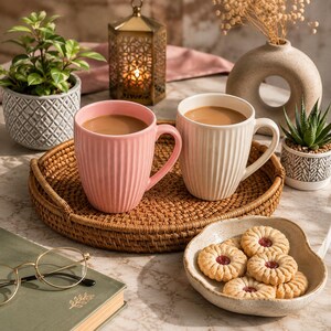 May include: Two ceramic mugs with a vertical ribbed texture, one in soft pink and one in cream, each filled with coffee. They sit on a round woven rattan tray alongside a small scalloped bowl containing several round cookies with jam centres.