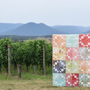 May include: A colorful patchwork quilt with a starburst pattern, displayed in front of a vineyard with rolling hills in the background.