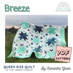 PDF Download Pattern for Breeze Quilt - Queen Size Patchwork Classic Modern Pattern. Sew your own handmade quilt.