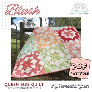 Patrón en PDF para colcha de patchwork Blush Queen. Colcha clásica moderna hecha a mano con retales y retales. Tamaño perfecto para cama o manta.