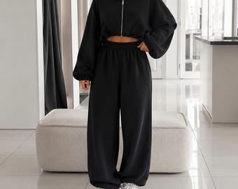 Dames trainingspak set oversized, cropped hoodie met rits en joggingbroek.