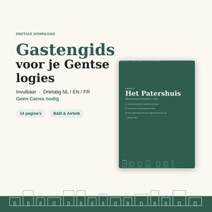 以下が含まれることがあります： ゲントの宿泊施設向けデジタルゲストガイド。オランダ語、英語、フランス語の3ヶ国語に対応した14ページのテンプレート。ダークグリーンの表紙に白い文字で「Het Patershuis」というタイトルと建物の線画が描かれています。