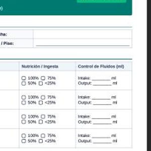 May include: A medical nursing progress notes form with a dark green header labeled "RESS NOTES" and "VERSIÓN COMPLETA". The document includes sections for date, floor, nutrition intake percentages, and fluid control fields for intake and output in ml.