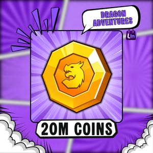 Puede incluir: Una moneda octogonal dorada con un emblema de cabeza de dragón estilizado en el centro. El gráfico incluye un bocadillo con el texto DRAGON ADVENTURES y una etiqueta inferior que muestra 20M COINS sobre un fondo morado estilo cómic.