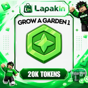 May include: A green hexagonal token with a four-pointed star design in the center. The image features the text LapakIn, Grow a Garden 1, and 20K Tokens, accompanied by two cartoon characters in green hoodies and a green treasure chest with coins.