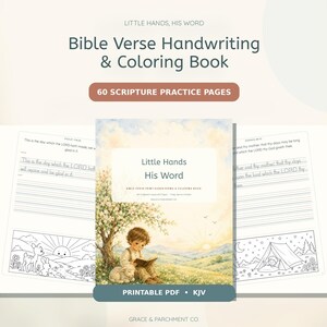 May include: A Bible Verse Handwriting & Coloring Book with 60 scripture practice pages. The cover features a child reading under a tree in a landscape. Two interior pages show lined handwriting practice and black and white line art illustrations.