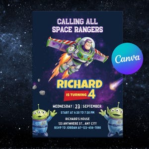 Könnte beinhalten: Eine rechteckige Geburtstagseinladungskarte mit dunkelblauem Weltraumhintergrund, einem fliegenden Space Ranger, zwei grünen dreiaugigen Außerirdischen und dem Text CALLING ALL SPACE RANGERS, RICHARD IS TURNING 4.