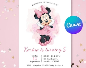 Invito di compleanno modificabile con topo rosa, invito per festa di compleanno per bambina con effetto acquerello (modello Canvas) PP162