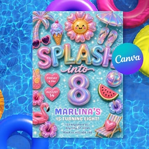 Op de afbeelding: Een digitale verjaardagsuitnodiging met een blauwe waterachtergrond, iriserende zwembanden, een palmboom, ijs, een lachende bloem, slippers, een flamingo, een watermeloen en de tekst Splash into 8 Marlina's turning eight.