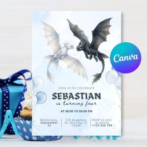 Könnte beinhalten: Eine Geburtstagseinladungskarte mit einem weißen und einem schwarzen Drachen, die vor einem hellblauen Hintergrund mit Luftballons fliegen. Der Text lautet: JOIN US TO CELEBRATE SEBASTIAN is turning four AT 08:00 TO 09:00 PM, Wednesday, September 12, 123 Anywhere St.